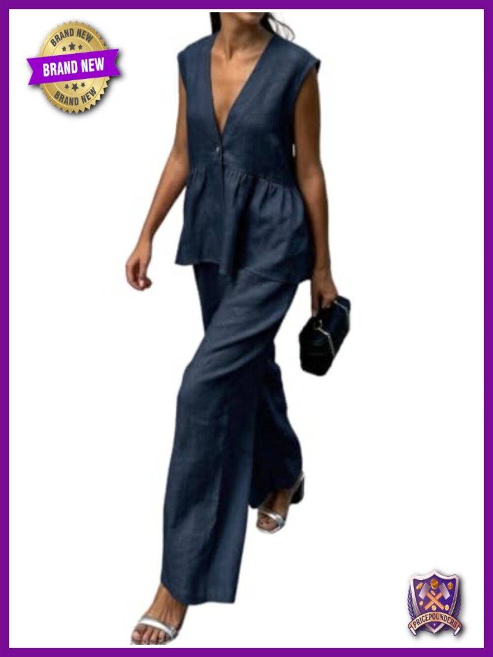 Peplum Vest Wide Leg Pant Set Sleeveless V Neck Rayon Blend